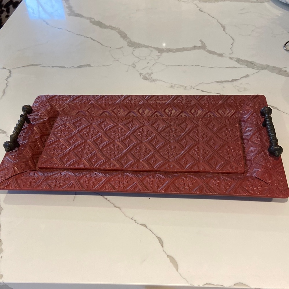 Unique OOAK Vintage Red Metal Embossed Tray with Bronze Ornate Handles.